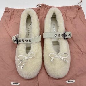 Miu Miu Cream Shearling Flats with Strap